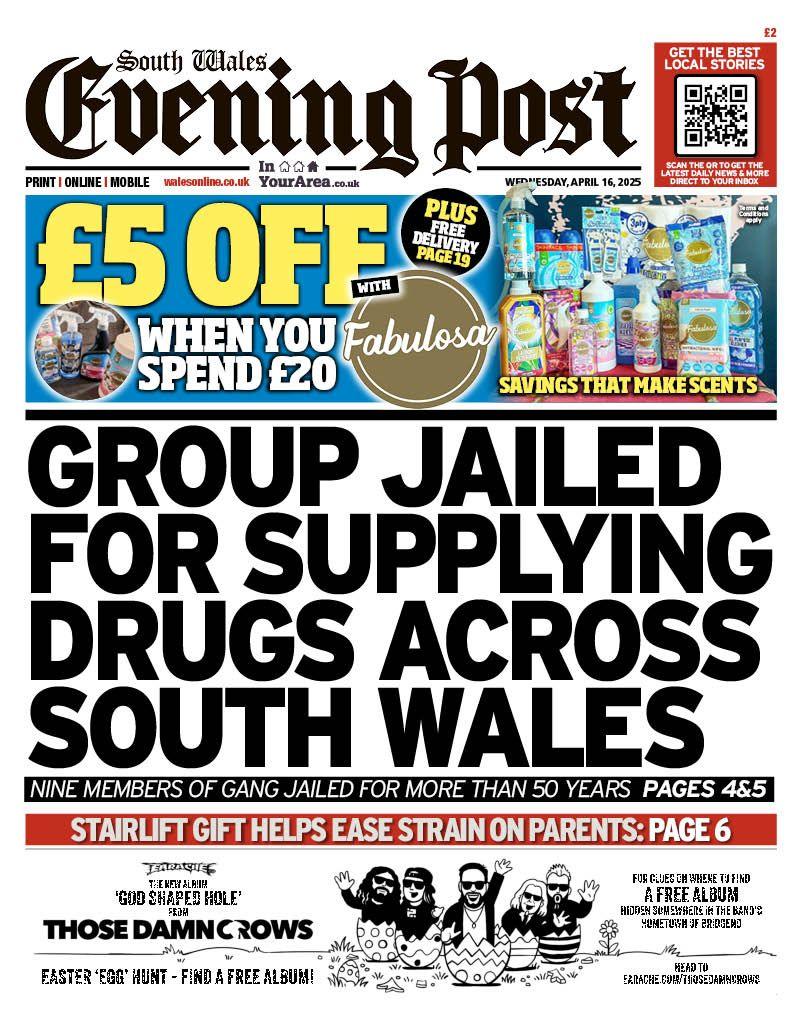 South Wales Evening Post newspaper front page shows main headline: Group jailed for supplying drugs across south Wales.