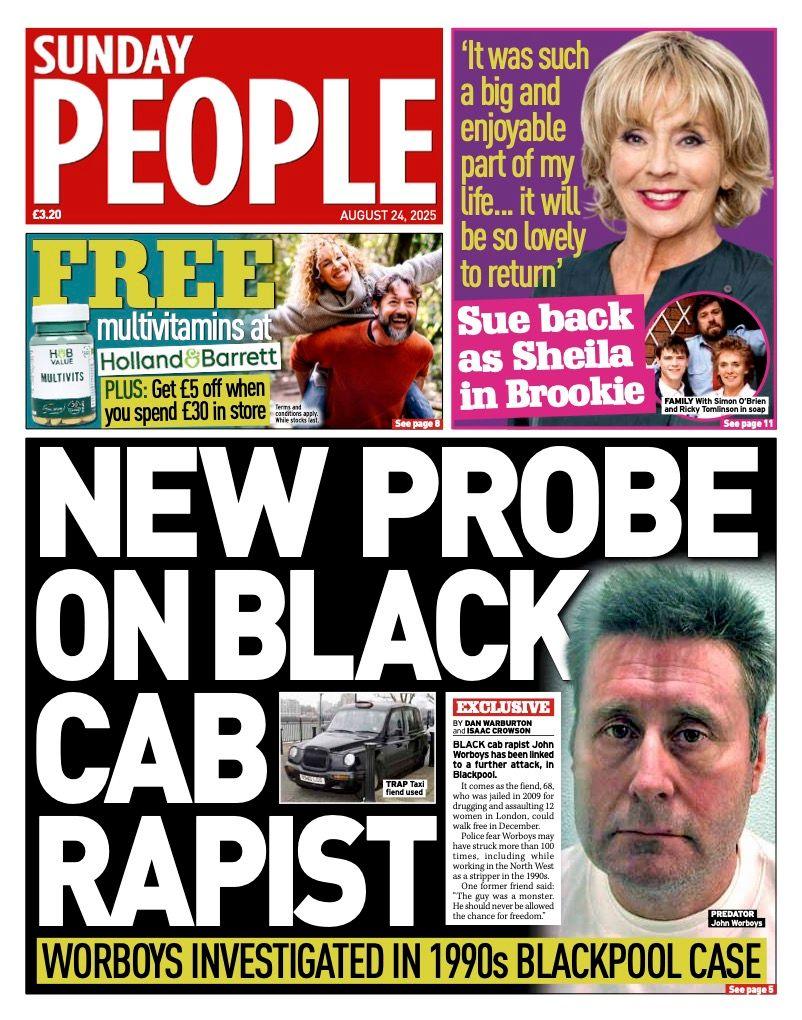 The headline on the front page of the Sunday People reads: “New probe on black cab rapist”.