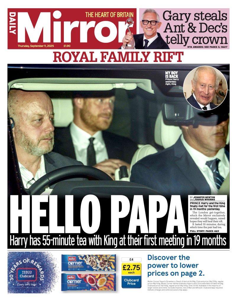 The headline on the front page of the Mirror reads: “Hello papa”.