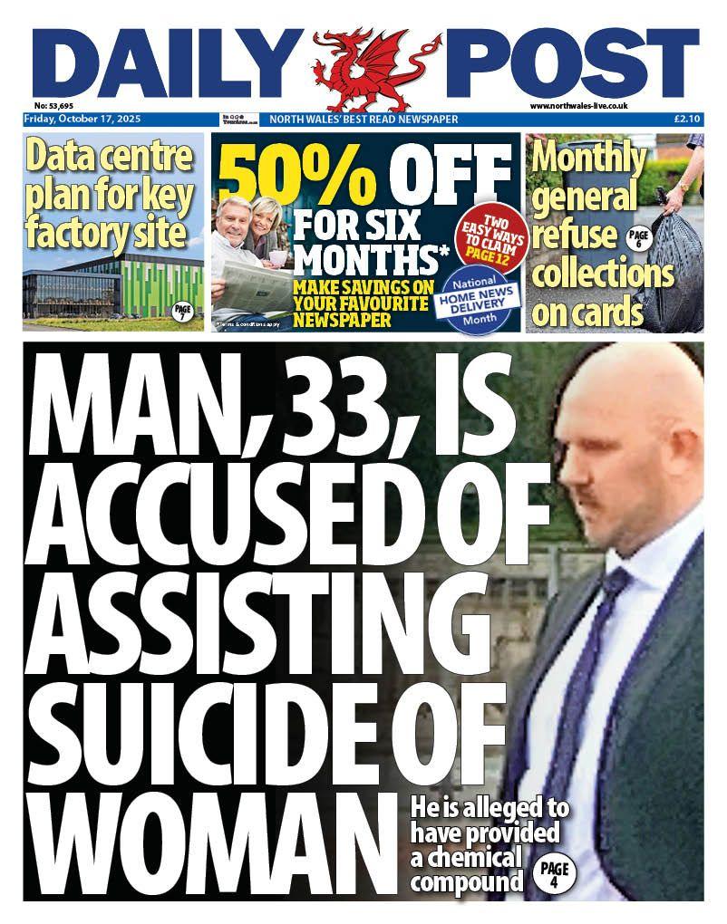 Front page of Daily Post shows the main headline "Man, 33, is accused of assisting suicide of woman" next to a blurry image of the bald man wearing a black suit, white shirt and purple tie. He is looking away from the camera and looks like he's walking somewhere. Other headlines read: "Data centre plan for key factory site" and "Monthly general refuse collections on cards".