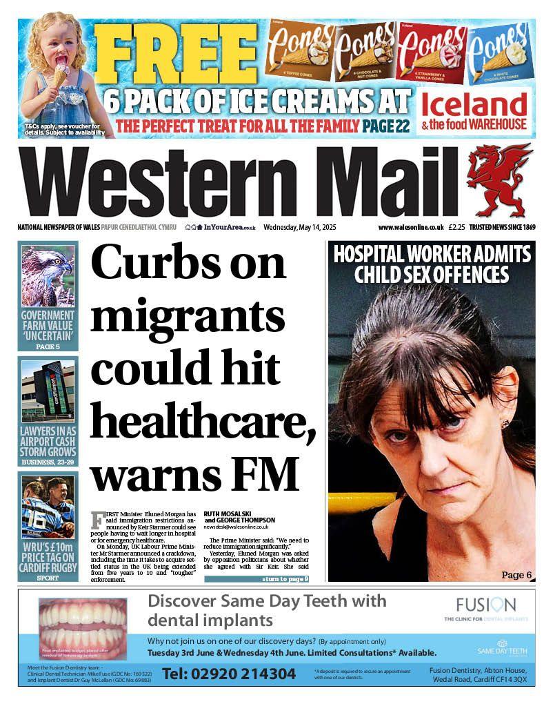 Western Mail newspaper front page shows main headline next to a photo of a woman with dark hair: Hospital worker admits child sex offences. Other headlines on the front page are: Curbs on migrants could hit health warns FM. At the bottom there is an advert for dentures, with a photo and caption reading discover same day teeth with dental implants