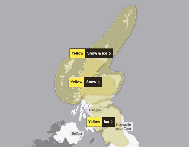 A Met Office weather warning map which show an ice warning for central and south Scotland. Snow warnings are in place for the central Highlands and snow and ice warnings covers all of northern Scotland including Orkney, Shetland and the Western Isles