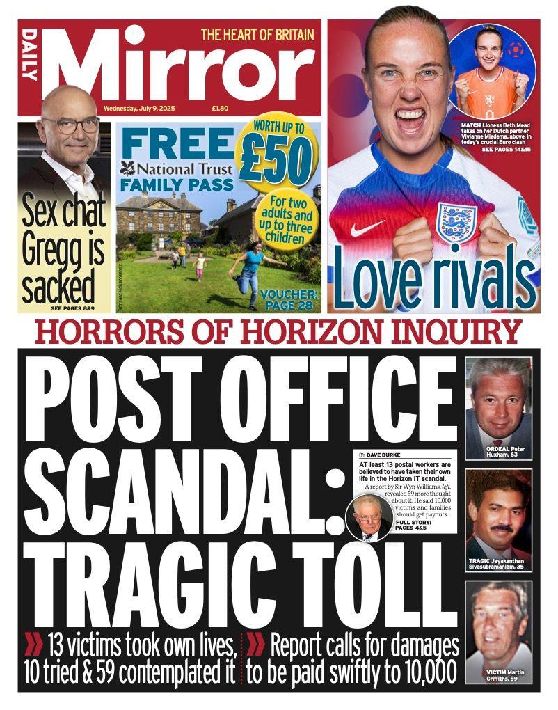 "Post Office scandal: tragic toll," is the headline on the front page of the Daily Mirror.