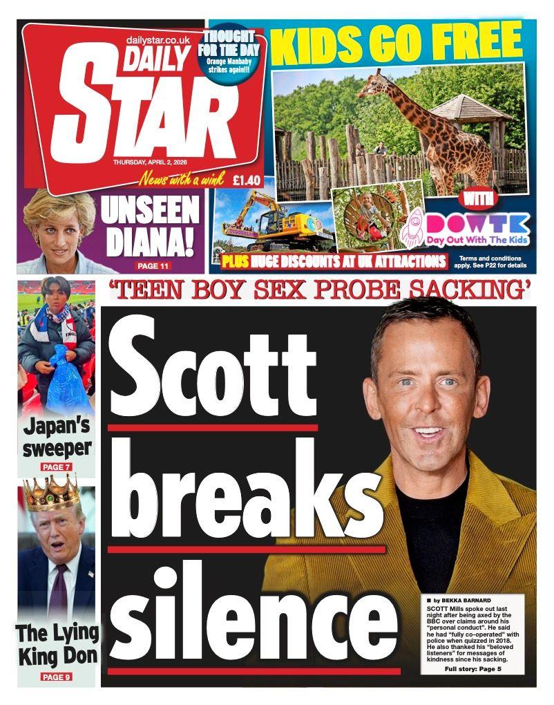 Titulli në faqen e parë të Daily Star thotë: "Scott thyen heshtjen".