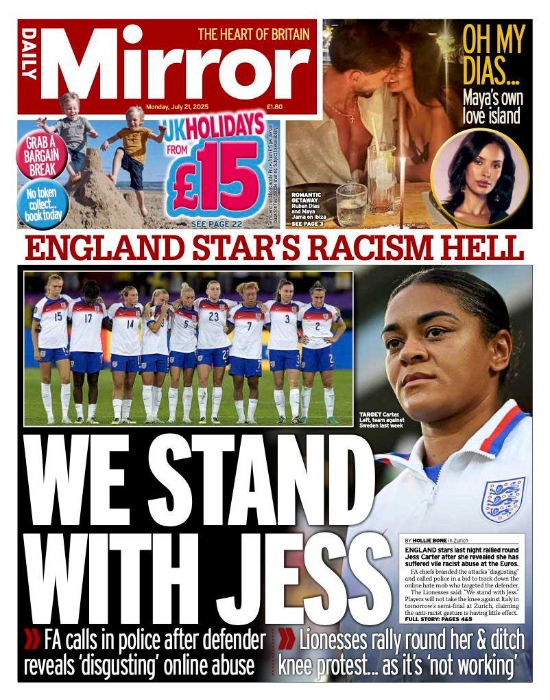 The headline on the front page of the Daily Mirror reads: “We stand with Jess”