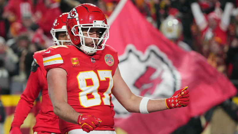 Travis Kelce celebrates after scoring a touchdown for the Kansas City Chiefs against the Houston Texans