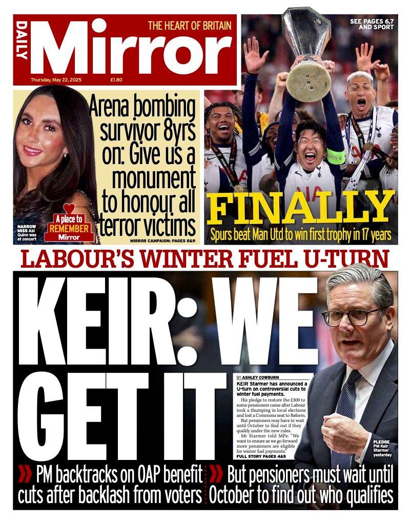 The headline on the front page of the Daily Mirror reads: "Keir: we get it".