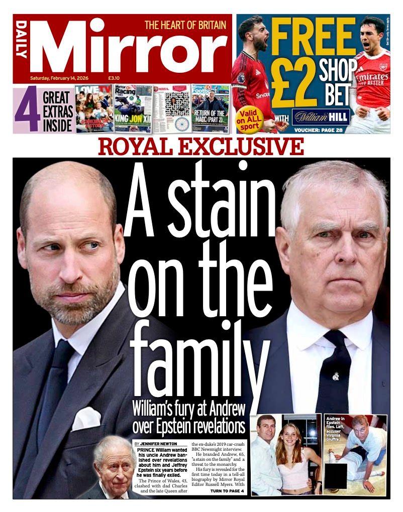 Titulli në faqen e parë të Mirror thotë: “Një njollë në familje”.