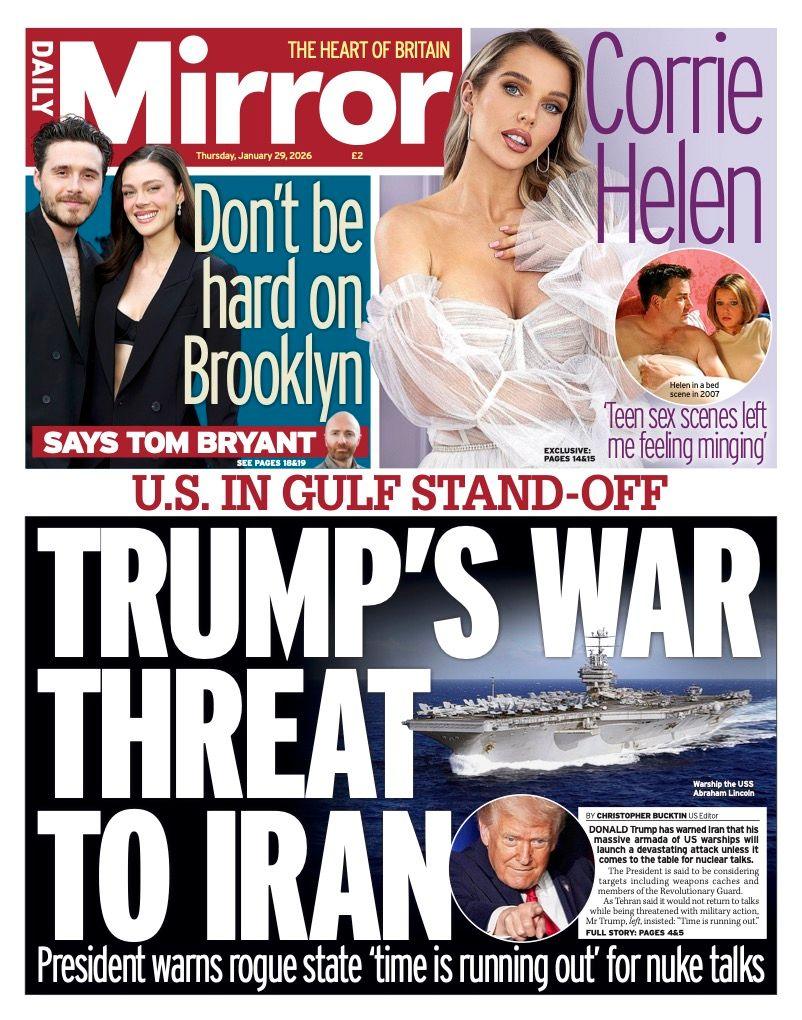 Titulli në faqen e parë të Mirror thotë: “Kërcënimi i luftës i Trump ndaj Iranit”.