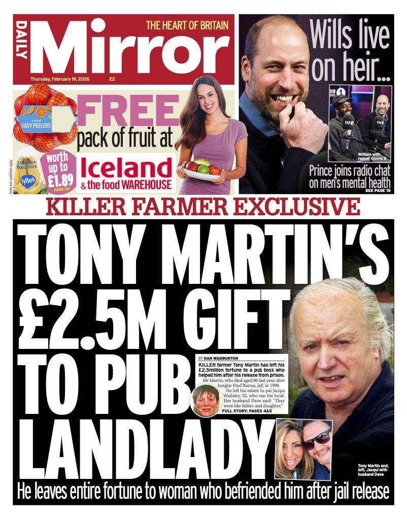 Në faqen e parë të Daily Mirror shkruan: "Dhurata prej 2.5 milionë £ e Tony Martin për pronaren e pub-it".