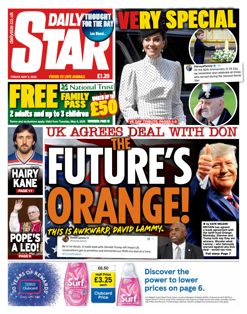 The Daily Star's front page headline states "The future's orange!" referencing the UK-US trade deal. It sits alongside a picture of President Trump whose skin tone appears to have been artificially been enhanced with a tangerine hue.