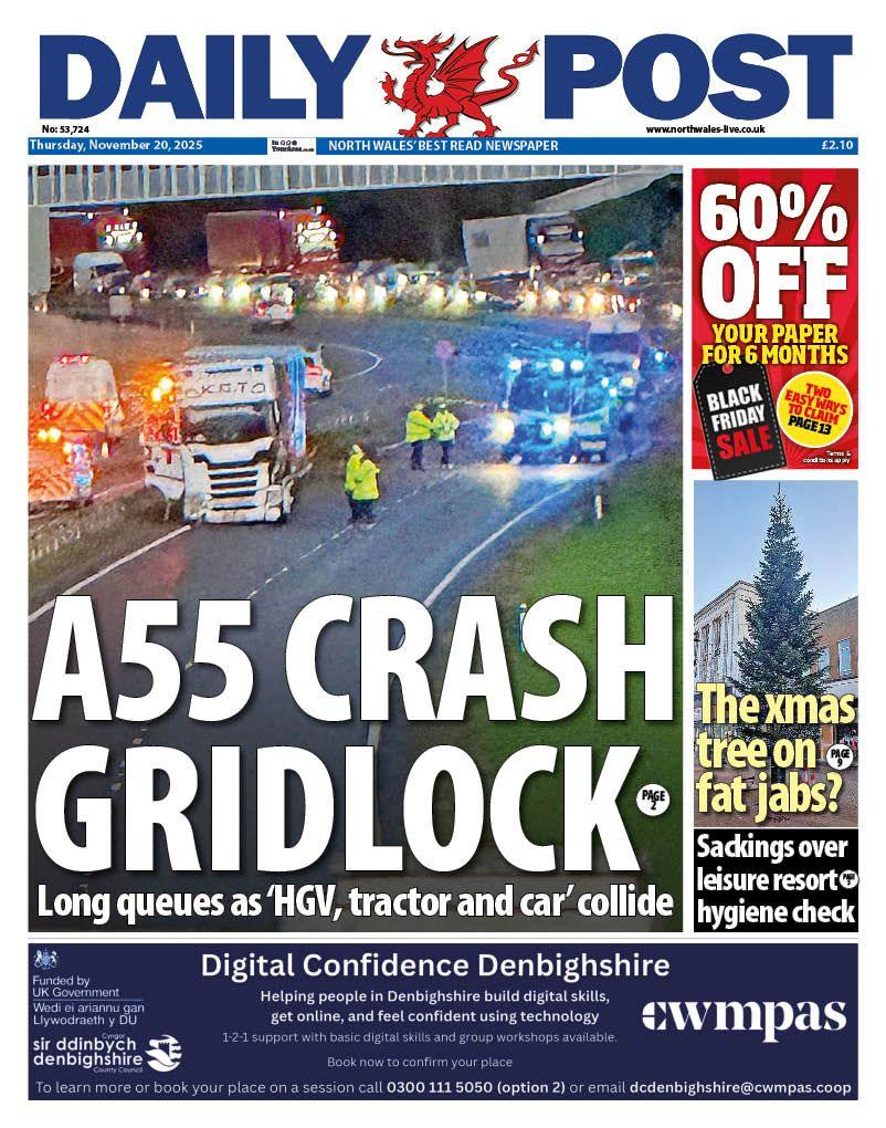 The front page of the Daily Post. Headline reads: "A55 Crash Gridlock" accompanied by a photo of a crashed lorry on a dual carriageway with several people in high vis vests standing nearby. 