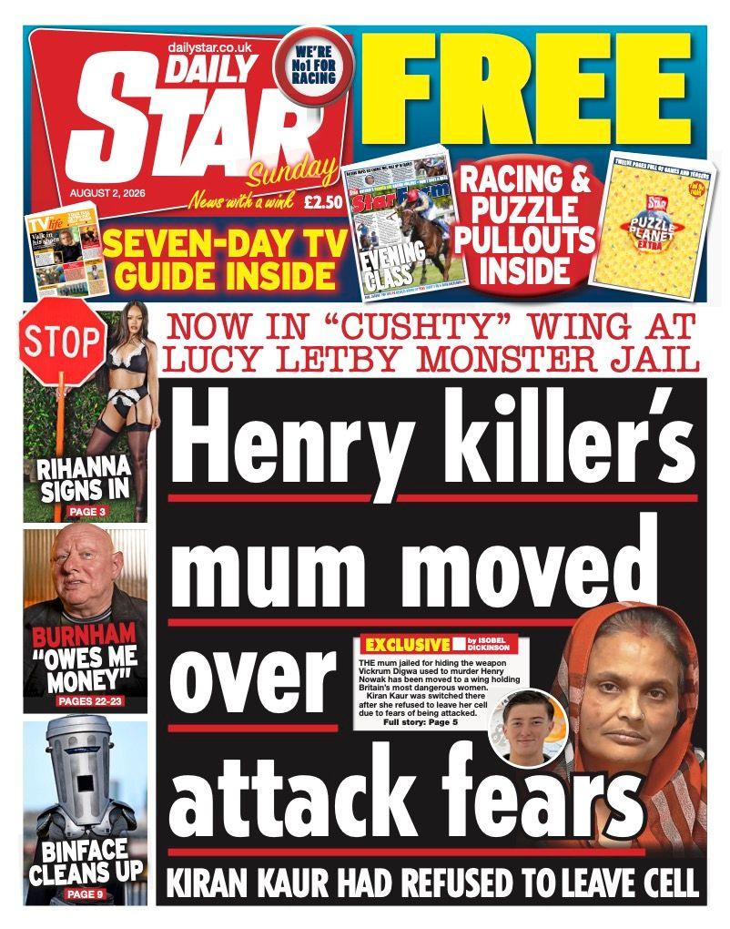 The headline on the front page of the Daily Star reads: "Henry killer's mum moved over attack fears."