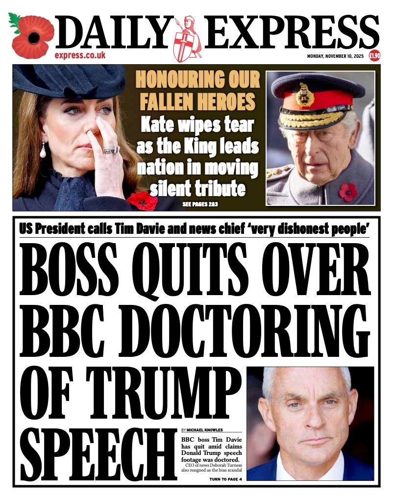 The headline on the front page of the Daily Express reads: "Boss quits over BBC doctoring of Trump speech".