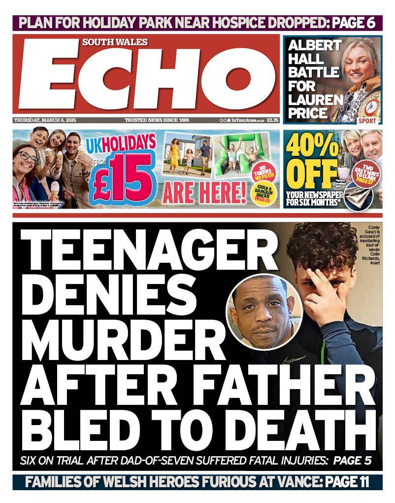 Front page of the South Wales Echo  showd a picture of young man with curly hair covering his face and an inset photo of an man, beside the headline, teenager denies murder after father bled to death