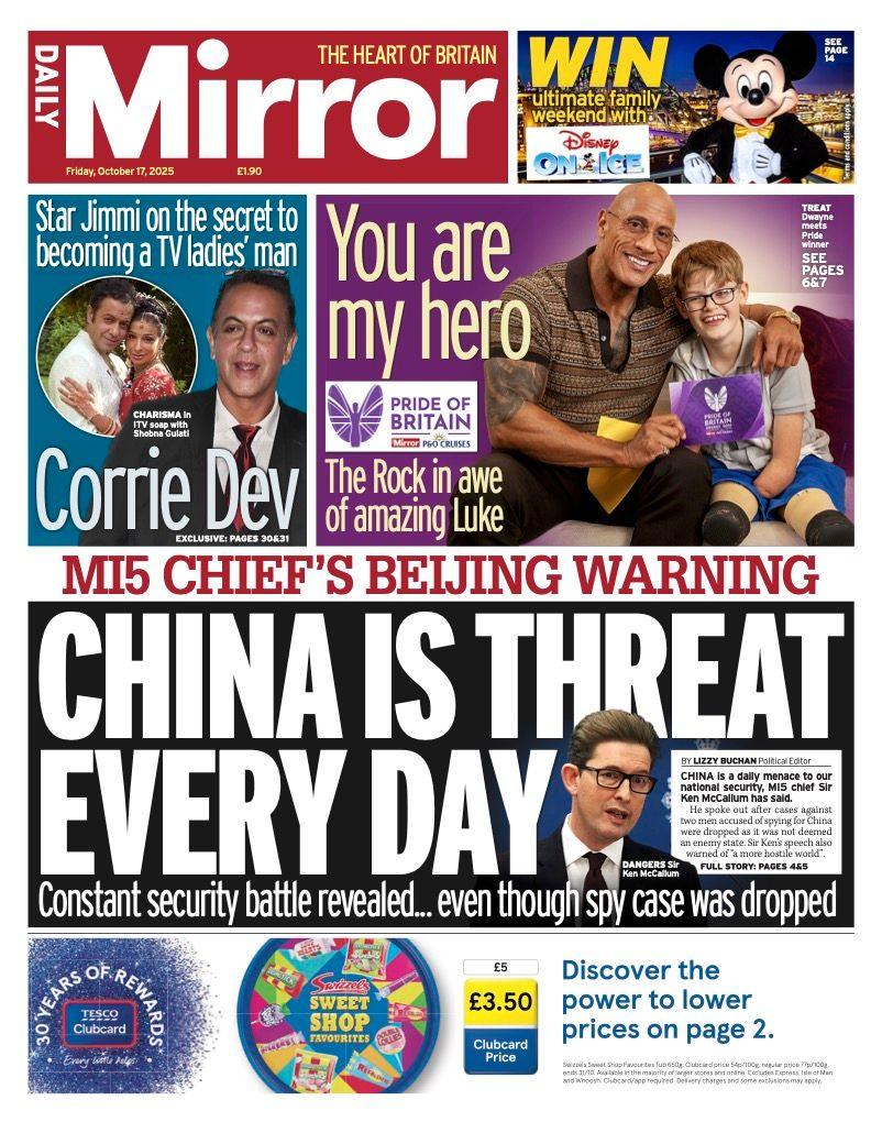 The headline on the front page of the Mirror reads: "China is threat every day".