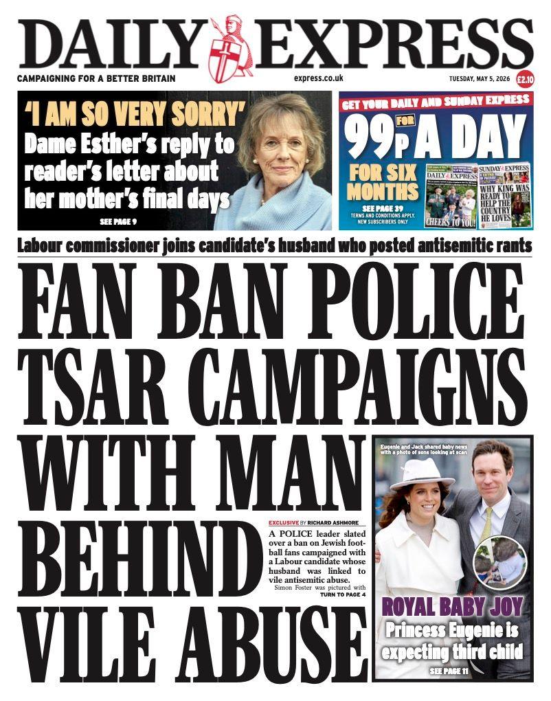 Titulli në faqen e parë të Daily Express thotë: “Tifozët ndalojnë fushatat e carit me policinë, me njeriun që fshihet pas abuzimit të ndyrë”.