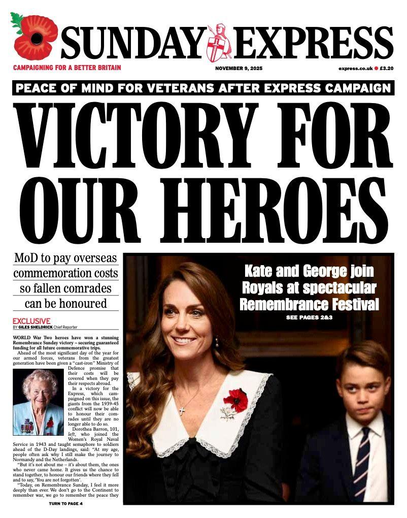 The headline on the front page of the Express reads: “Victory for our heroes”.