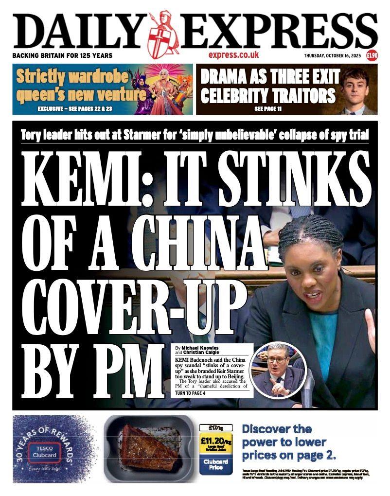 The headline on the front page of the Express reads: “Kemi: It stinks of a China cover-up by PM”.