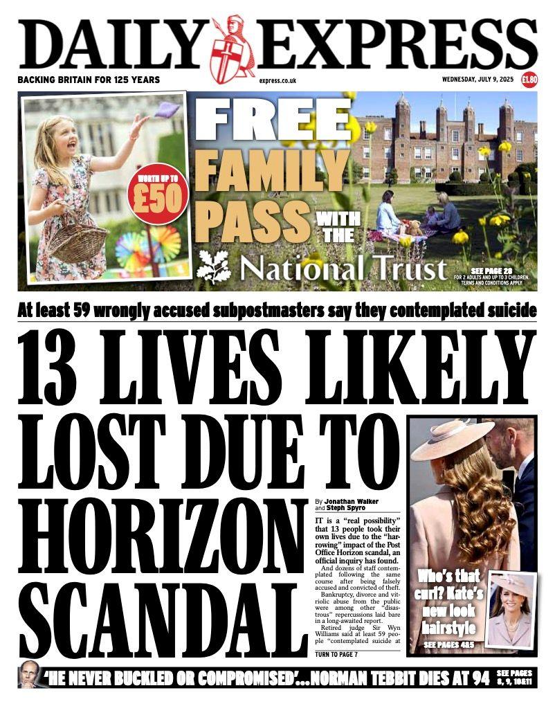 "13 lives likely lost due to Horizons scandal," is the headline on the front page of the Daily Express