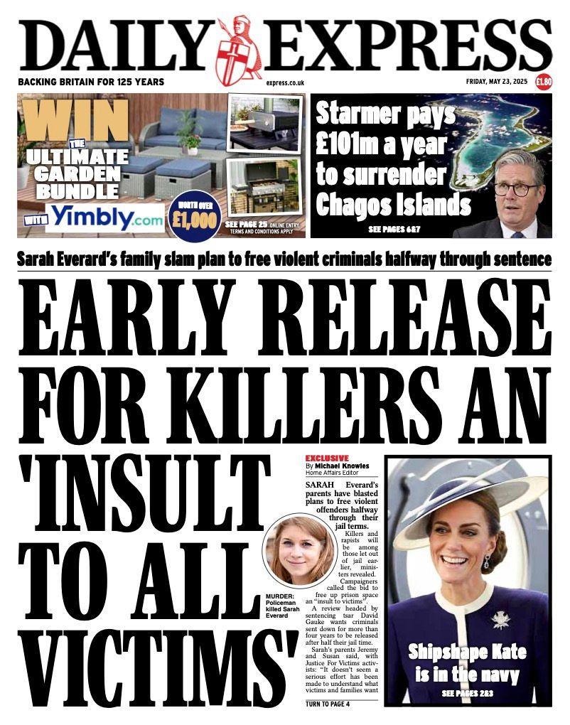 The headline on the front page of the Daily Express reads: "Early release for killers an 'insult to all victims'".