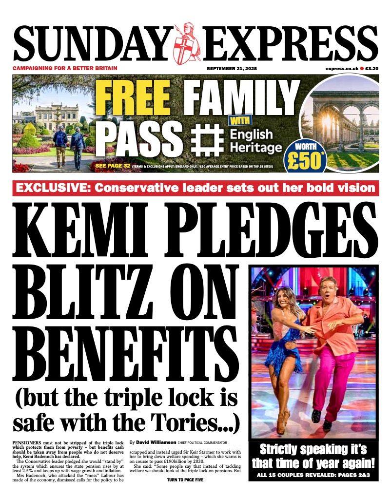 The headline on the front page of the Sunday Express reads: "Kemi pledges blitz on benefits".