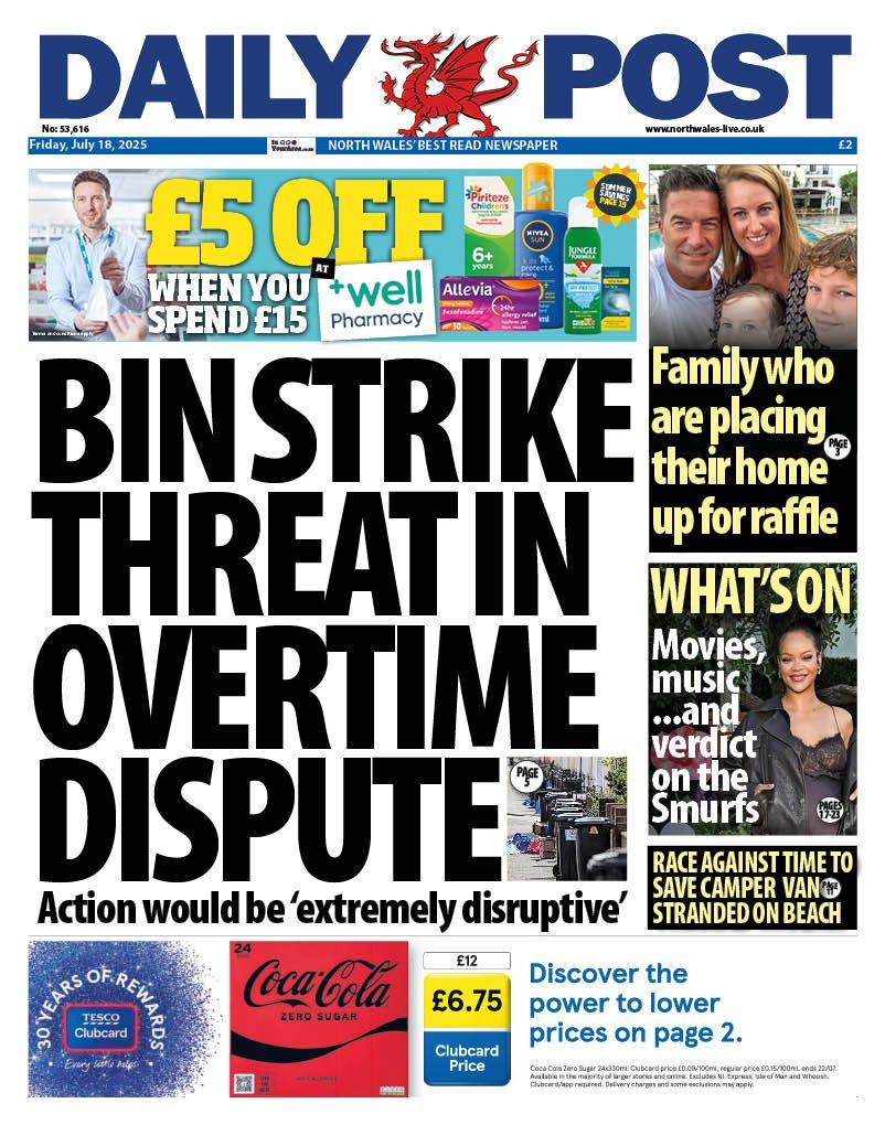 Front page of the Daily Post. Main headline reads: Bin strike threat in overtime dispute: Action would be 'extremely disruptive'. Other headlines read: Family who are placing their home up for raffle, and race against time to save camper van stranded on beach. 
