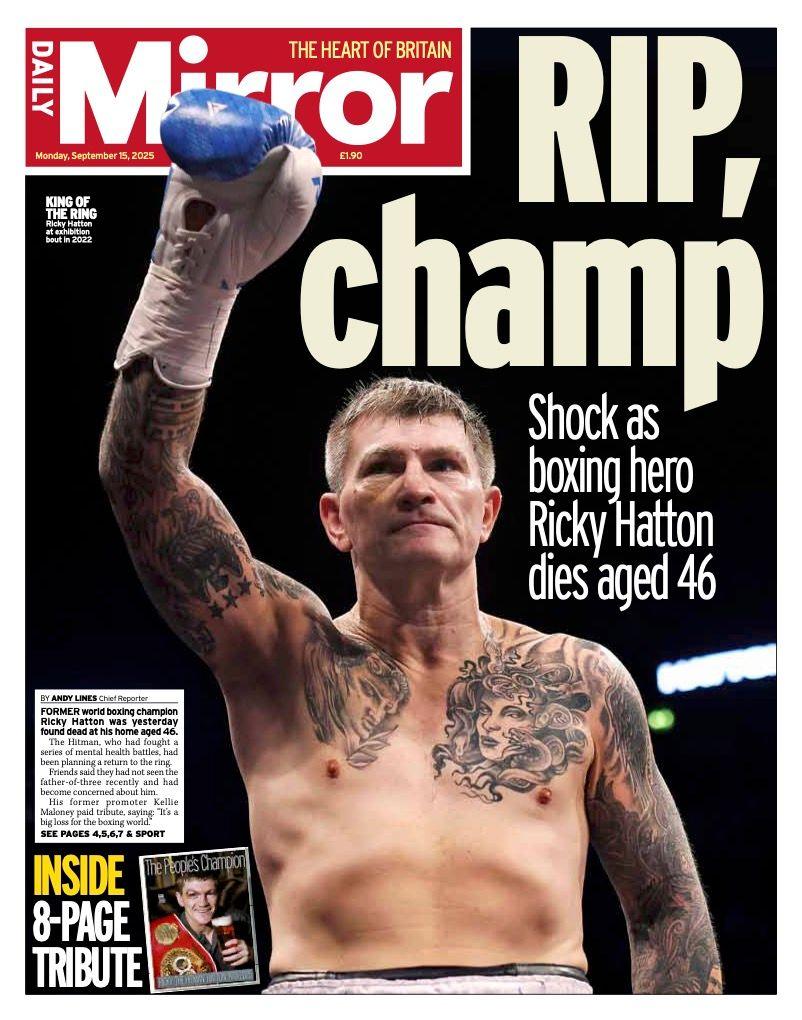 The Mirror's lead headline is "RIP, champ"