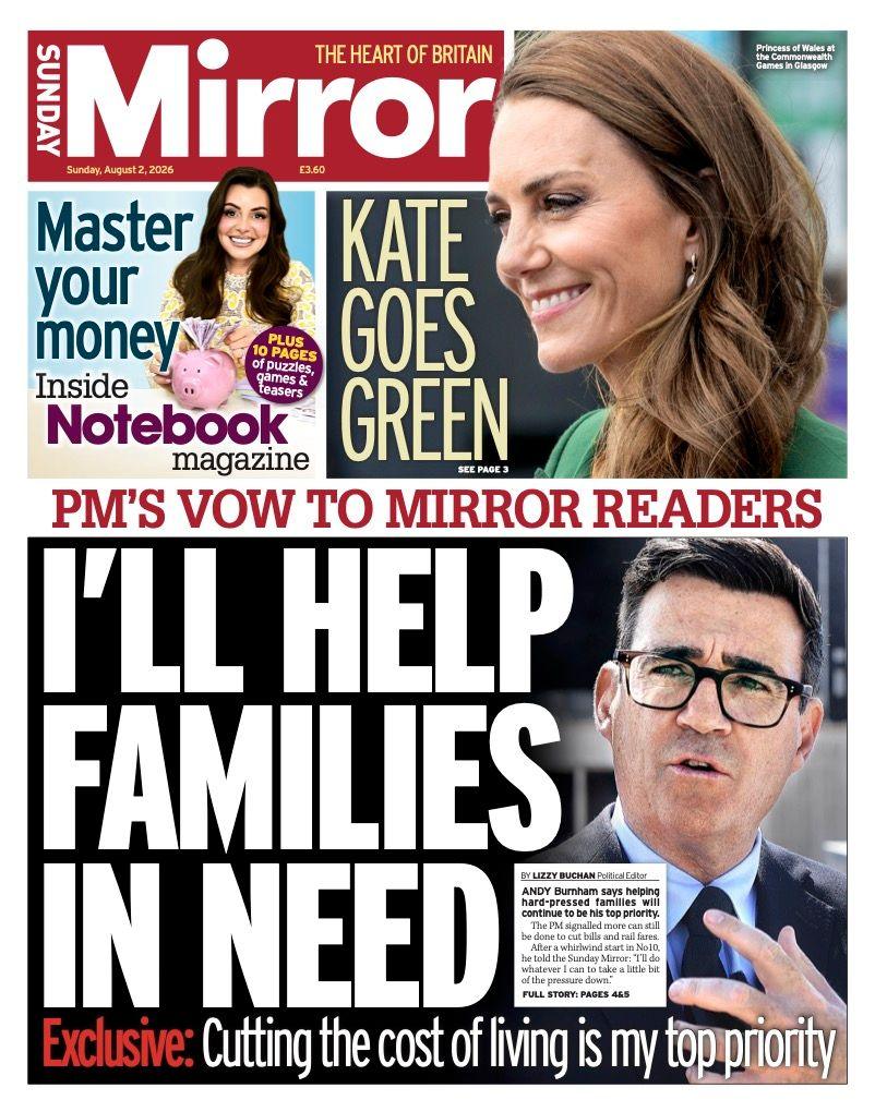 The headline on the front page of the Sunday Mirror reads: "I'll help families in need."