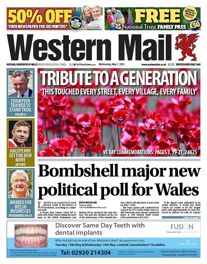 The Western Mail front page, the main image of which are poppies, under a headline reading "Tribute to a generation". The main story has the headline "Bombshell major new political poll for Wales". 
