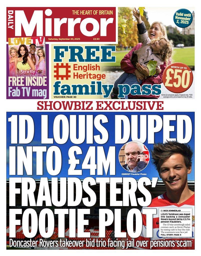 The headline on the front page of the Mirror reads: “1D Louis duped into £4m fraudsters' footie plot”.
