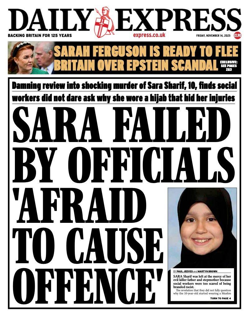 The headline on the front page of the Daily Express reads: "Sara failed by officials 'afraid to cause offence'".