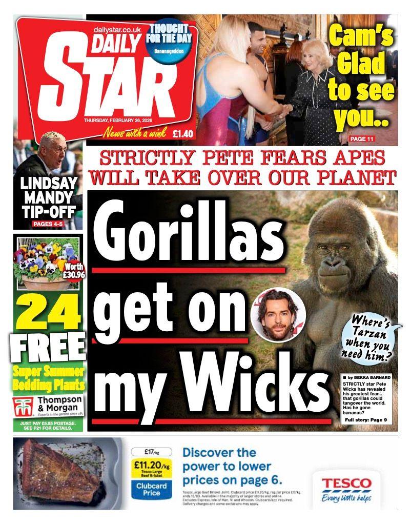 Titulli në faqen e parë të Daily Star thotë: "Gorillat më sulmojnë Wicks-at".