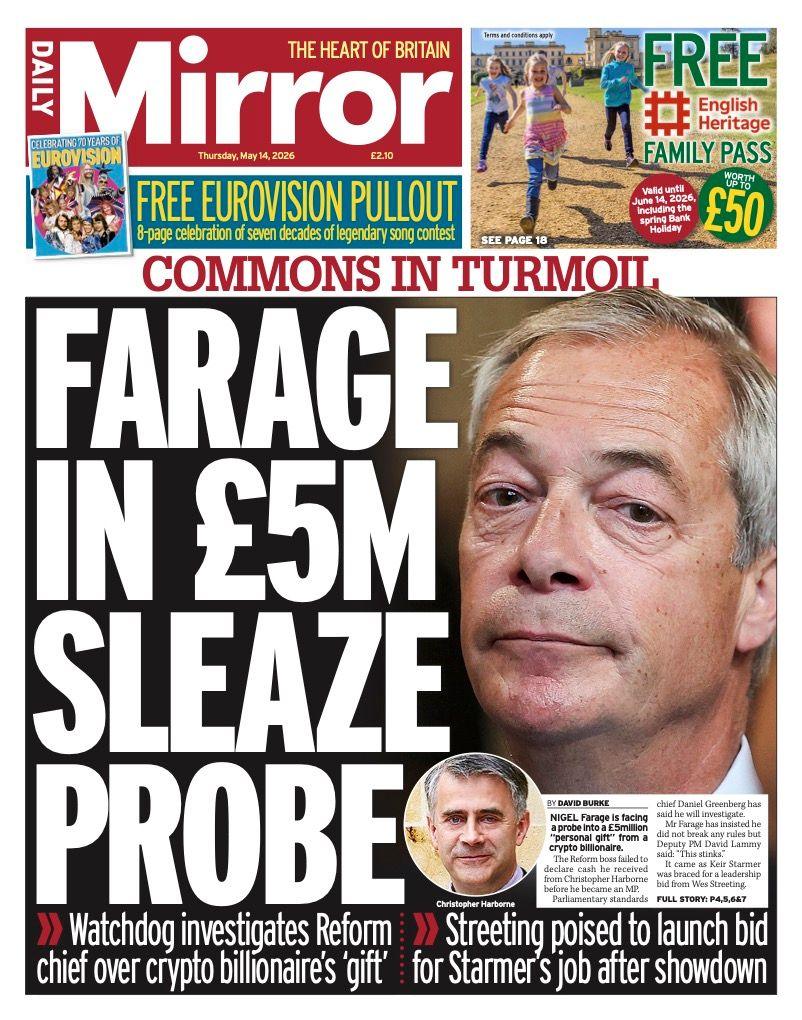 Titulli në faqen e parë të Mirror thotë: “Farage në hetim për mashtrim prej 5 milionë £”.