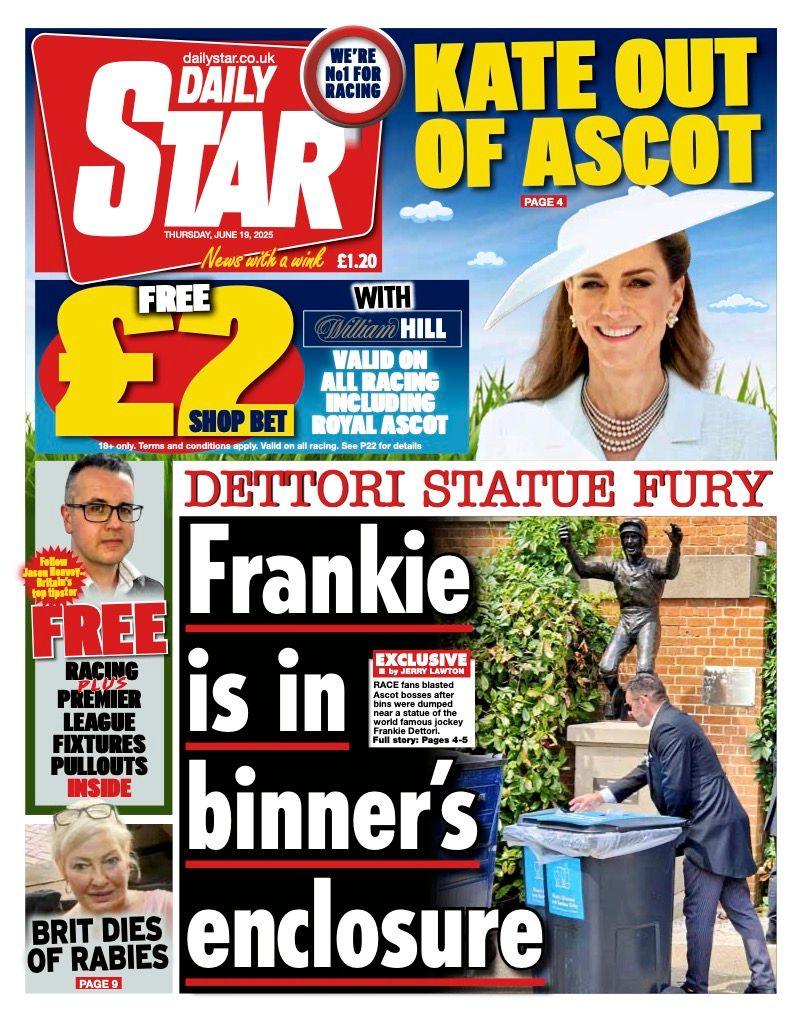 The headline on the front page of the Daily Star reads: "Frankie is in binner's enclosure".