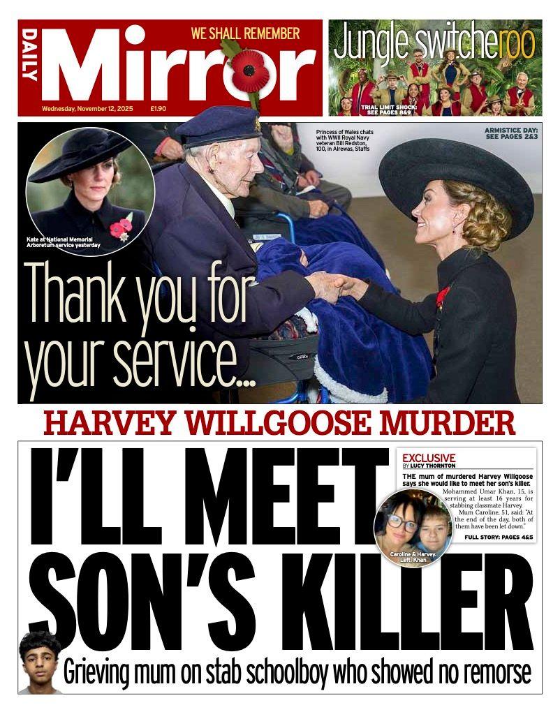 The headline on the front page of the Mirror reads: "I'll meet son's Killer".