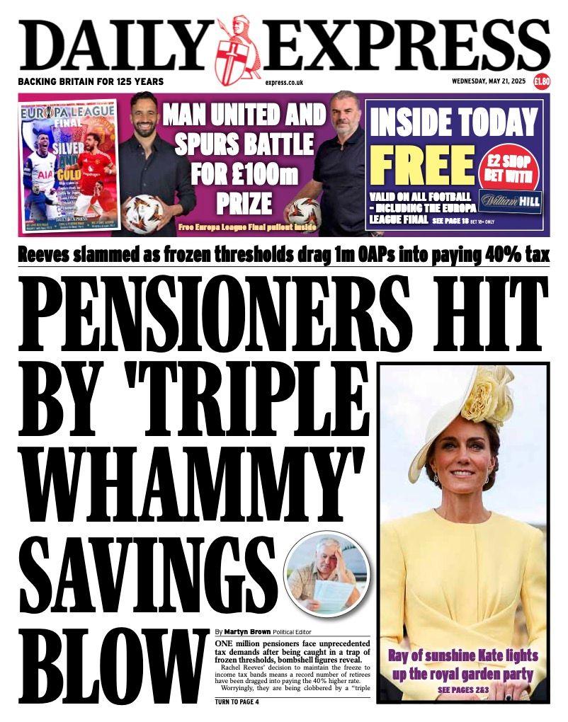 The headline of the front page of the Daily Express reads: "Pensioners hit by 'triple whammy' savings blow".