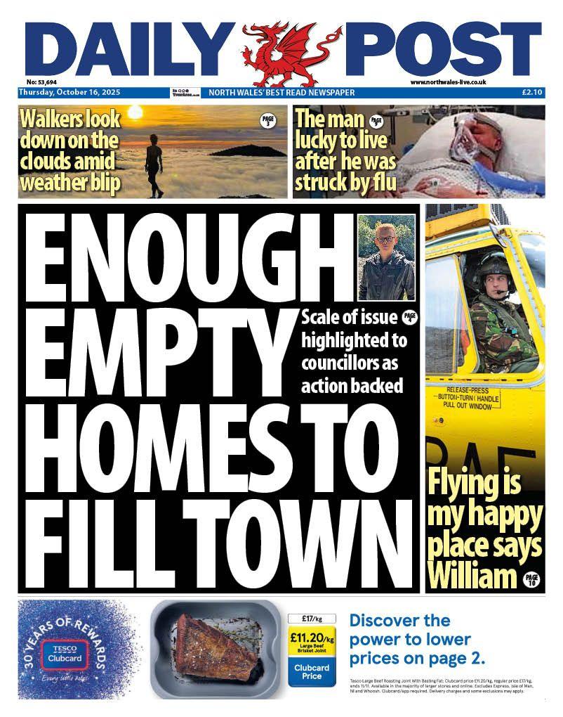 Main headline: "Enough empty homes to fill town", and two images above with headlines that read (left to right) "walkers look down at the clouds amid weather blip" and "The man lucky to live after he was struck by flu"