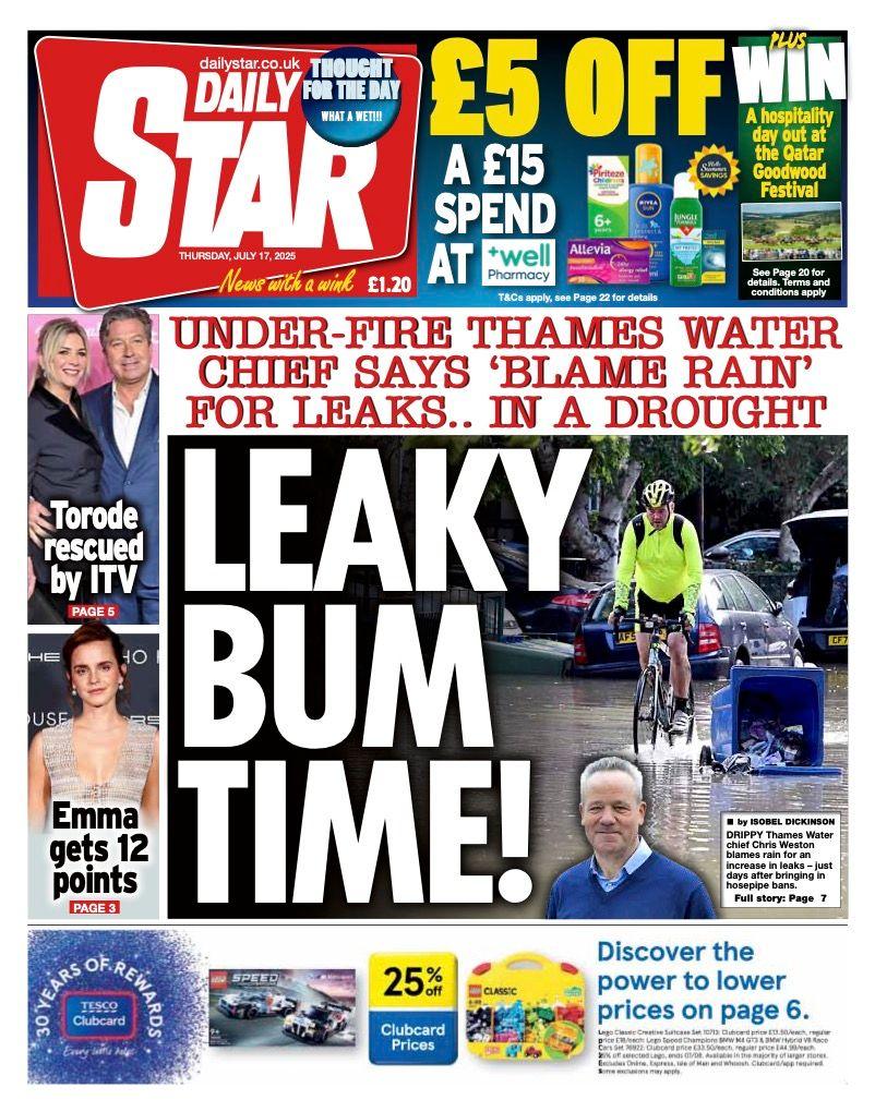 The headline on the front page of the Star reads: "Leaky bum time!"