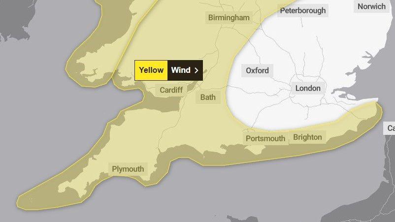 A map of southern England and Wales, showing areas covered by a yellow warning from the UK Met Office for strong winds during Friday. The warning includes all of the south west of England and the entire south coast.