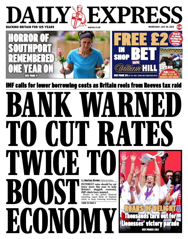 The headline on the front page of the Daily Express reads: "Bank warned to cut rates twice to boost economy".