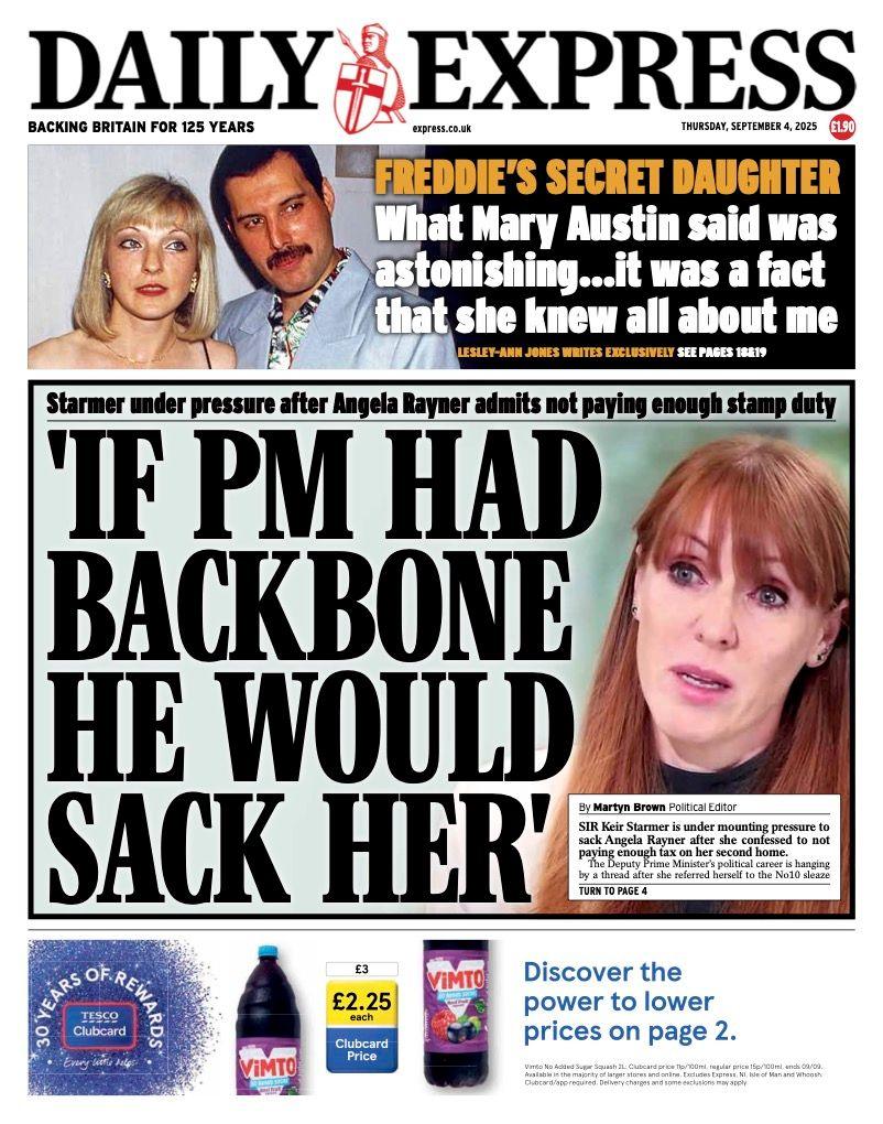 The headline on the front page of the Daily Express reads: "If PM had backbone we would sack her".