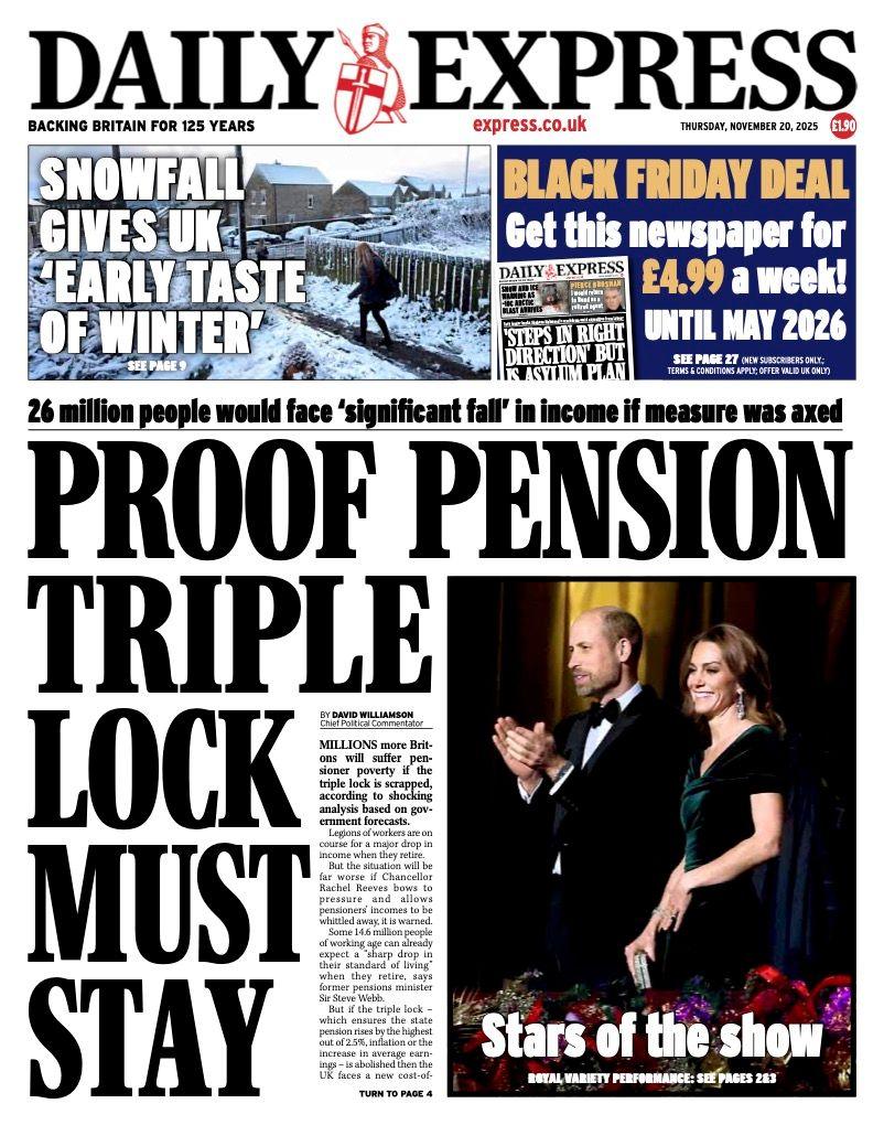 The headline on the front page of the Express reads: “Proof pension triple lock must stay”.