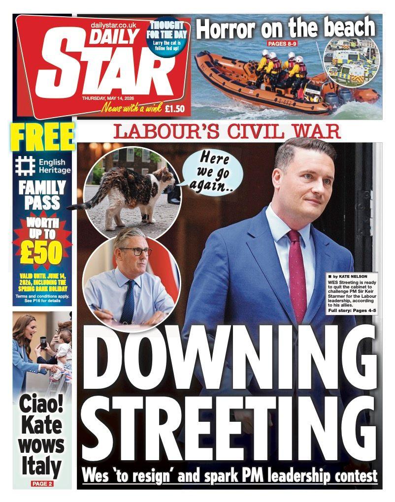 Titulli në faqen e parë të gazetës Star thotë: “Downing Streeting”.