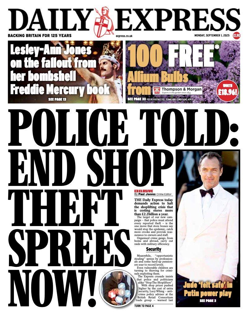 The headline on the front page of the Daily Express reads: "Police told: end shop theft sprees now!"