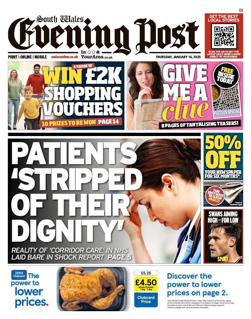 Front page of the South Wales Evening Post 