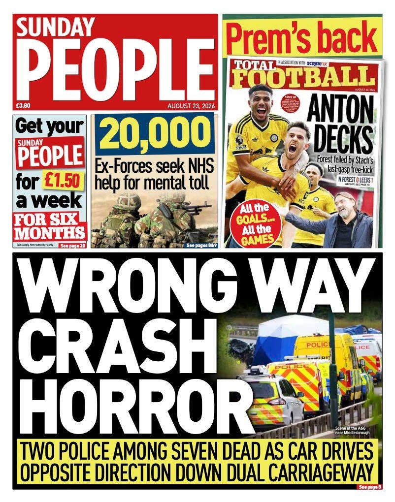 "Wrong way crash horror" reads the headline on the front page of the Sunday People.