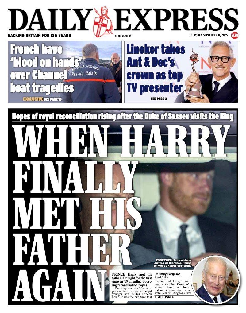 The headline on the front page of the Express reads: “When Harry finally met his father again”.