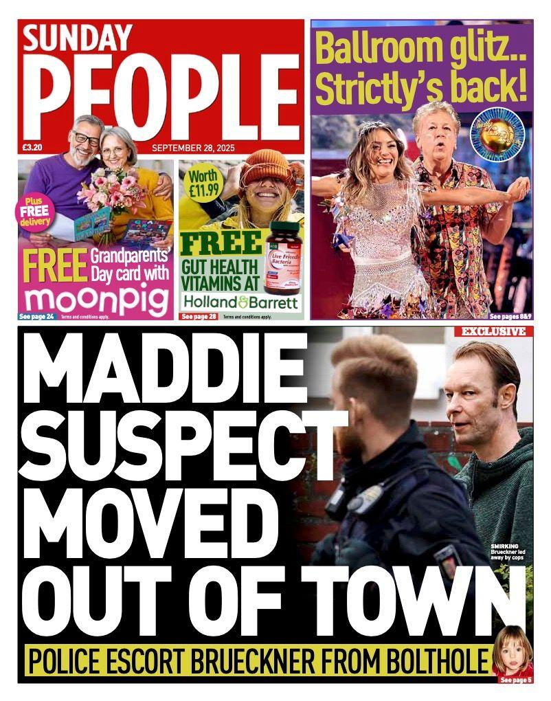 The headline on the front page of the Sunday People reads: "Maddie suspect moved out of town".