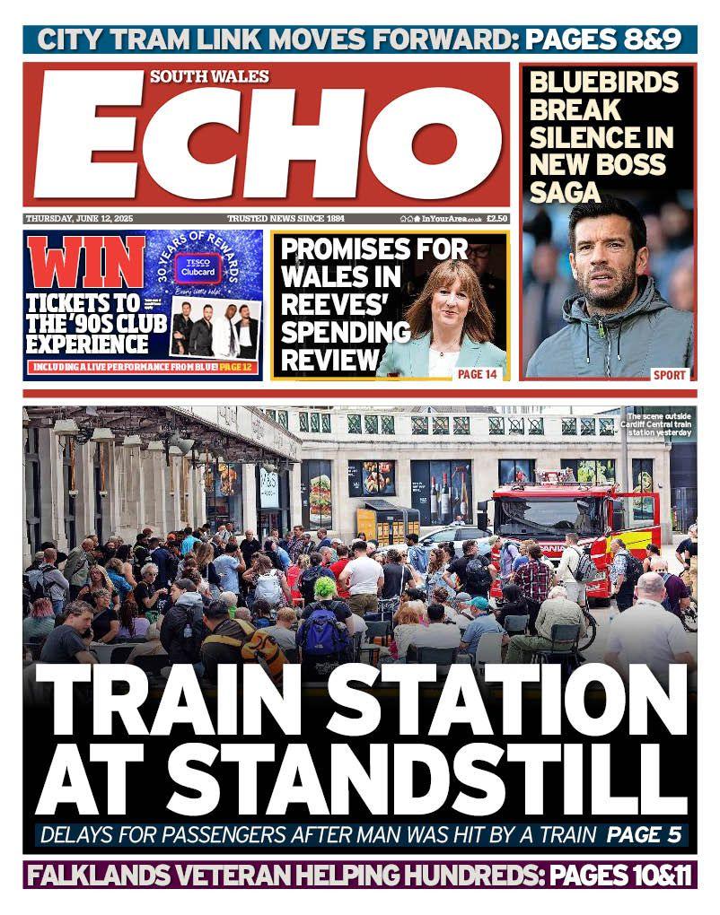 South Wales Echo front page with a headline reading "Train station at standstill" with a picture of a large crowd outside Cardiff Central Station 